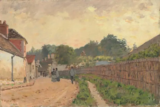 This painting depicts a street scene from a slightly elevated perspective. A tan dirt road stretches into the distance, lined with white houses on the left side.