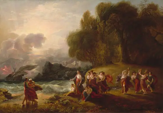 This painting depicts a coastal scene with a large group of people with light skin dressed in draping fabric in shades of red, yellow, blue, and purple.