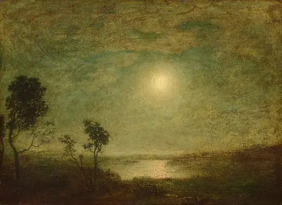 This painting shows a slightly elevated viewpoint looking out across a green landscape towards a reflective body of water. In the green sky, the pale-yellow moon glows brightly, illuminating the scene.