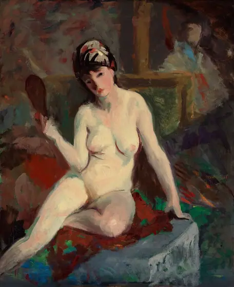 This painting shows a woman sitting on a blue cushion with one leg bent and the other stretched out. She has dark hair styled in an updo and adorned with a hat or patterned headscarf that features small orange dots.
