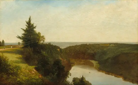 This painting shows a landscape with a wide river on the right flowing through green hills.