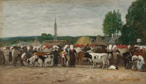 This painting shows a busy marketplace scene at eye level with a crowd of people and cattle. Hills are in the distance under a cloudy gray sky, and in front of them we can see a line of rooftops and a tall church spire.