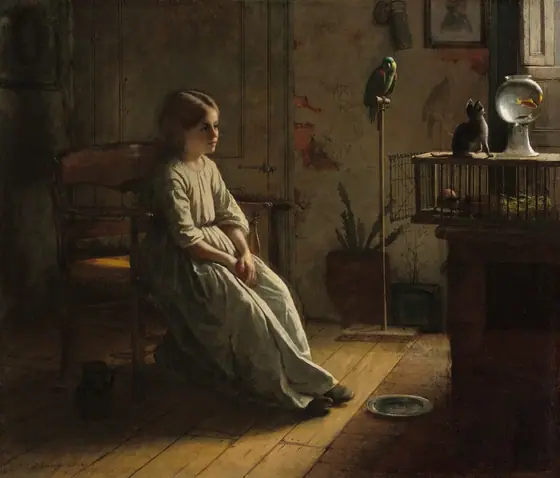 This painting shows a young girl sitting in a wooden chair, facing the right. She has pale skin, rosy cheeks, a slightly upturned nose, and long, brown hair put up behind her head. She is wearing a pale green dress and black shoes.