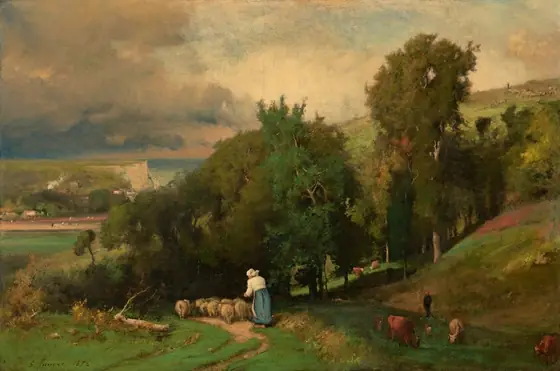 This painting depicts a rural landscape with a shepherdess tending to a flock of sheep on a tree-lined dirt path. She is facing away from us and wears a blue skirt with a white shirt and a white bonnet covering her hair.