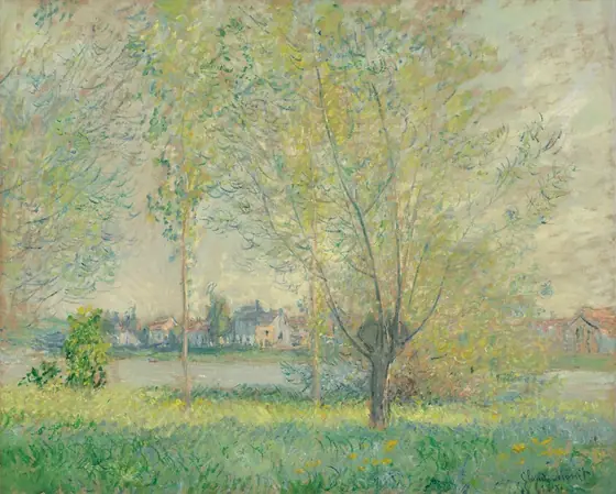 Between us and a river lined with buildings on the far bank in the distance, tall willow trees nearly span the height of this horizontal landscape.