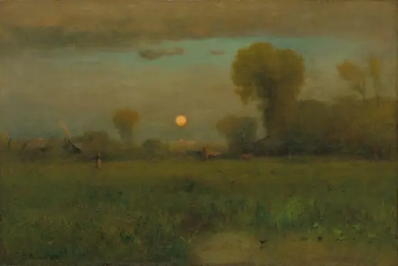 The painting displays a dark green field stretching into the distance. A line of trees and small, indistinct structures can be seen near the center of the painting.