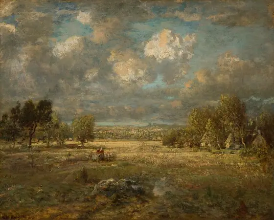 This painting depicts a landscape with an open green field stretching out into the distance. At the bottom of the painting, there is a rocky area with sparse vegetation and yellow, sun-bleached grass.
