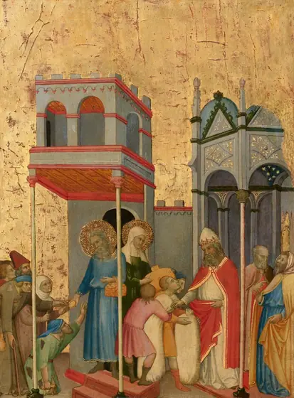 Beneath two tall, tower-like structures, thirteen men, women, and children gather to give or receive food and foodstuff, all against a shiny gold background in this vertical painting. All the people have light skin tinged with green.