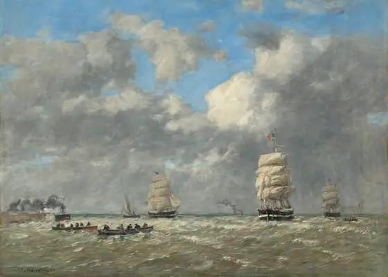 We look across a channel of choppy water at three masted ships, a sailboat, at least one steamer, and three rowboats in this horizontal seascape painting.