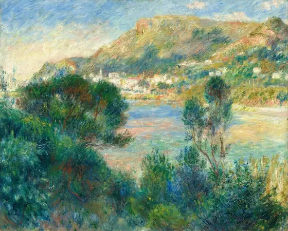 Lush treetops give way to a body of water and a hill in this loosely painted horizontal landscape.
