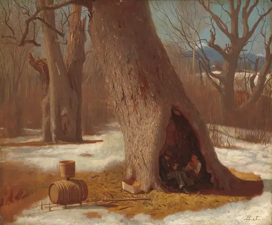 The painting shows an enormous tree with a hollowed base where two people, potentially young boys, are taking shelter. The boys sit together in the hollow base of the tree, one appearing to read a piece of paper.