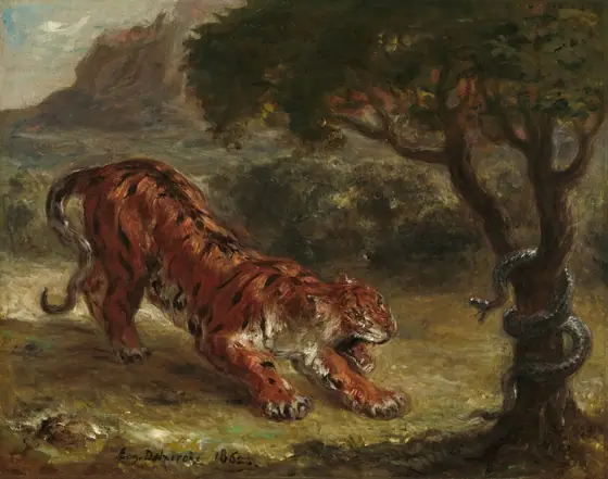 A crouching tiger to our left bares its fangs at a hissing snake wound around a tree to our right in this nearly square painting.