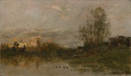 The painting depicts a landscape scene with a body of water, trees, reflections, and a house in the distance. The composition shows a low horizon line with trees arching across the scene and soft reflections on the water's surface.