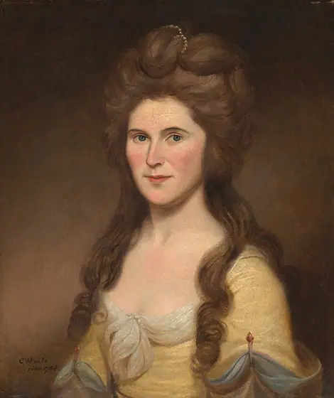 The painting shows a woman's figure from the waist up, seated, and her body is turned slightly to our left. Her head is turned to face the viewer.