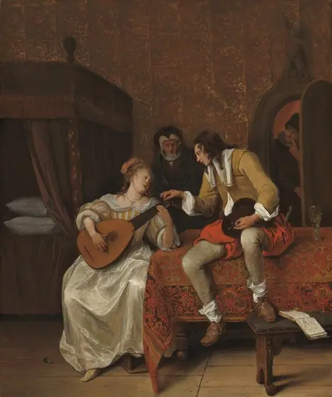 A woman playing a lute sits next to a table, on which a man perches and leans toward her in this vertical painting. Two people look on from the background. All the people have pale skin.