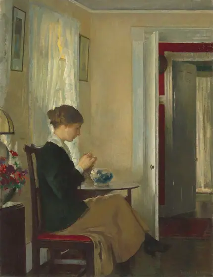 This painting shows a woman seated on a wooden chair, facing the right with her head slightly tilted down. She is focused on the thin silver needles she holds in her hands.
