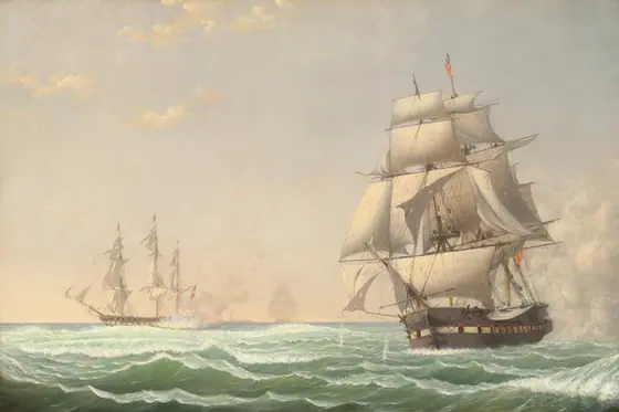This painting shows a maritime landscape with an expansive view of the ocean and sky. The horizon is positioned in the lower third of the composition, meeting a clear sky with soft, diffused clouds.