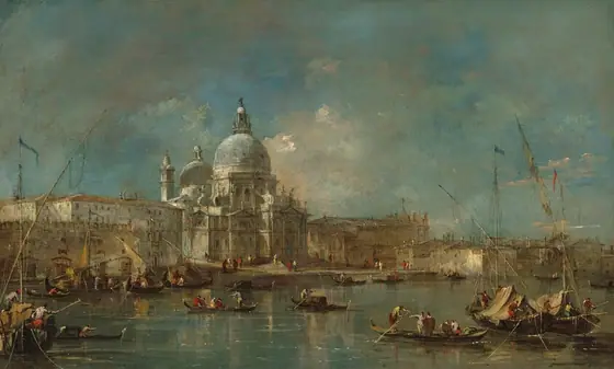 This painting shows a grand, domed cathedral by a busy waterway. The dome and the surrounding white buildings are silhouetted against a blue sky with thin white and gray clouds.