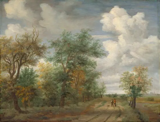 Two men and a dog walk or stand on a rutted dirt road that stretches into the distance in front of us, between a grove of trees to our left and a shallow, narrow canal or ditch to our right in this horizontal landscape painting.
