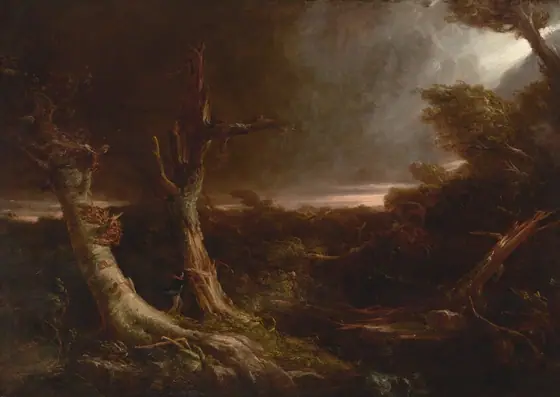 Two thick, twisting, splintered tree trunks with broken branches stripped of leaves are set against a dark, wooded landscape beneath a nearly black sky in this horizontal landscape painting.