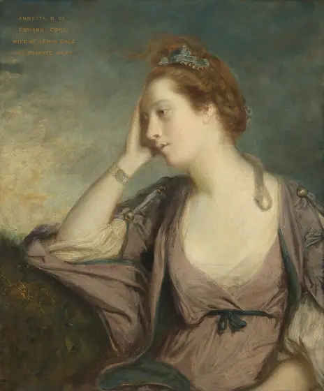 This painting depicts a seated woman looking off to the left, resting her head on her right hand, our left, with her elbow on an abstract green surface.
