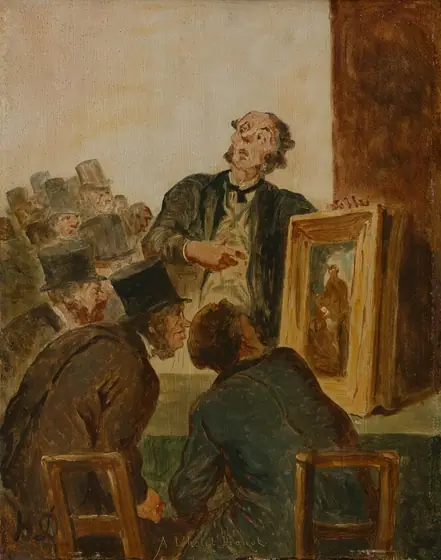 This is a painting of an auction scene featuring an auctioneer and an audience. The painting shows a group of people watching an auctioneer gesturing towards a framed artwork displayed on an easel.