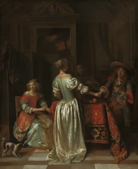 Four elegantly dressed men and women, plus a brown and white dog, gather around a rug-covered table in a shadowy room in this vertical painting. The people all have pale skin and are lit from our left.