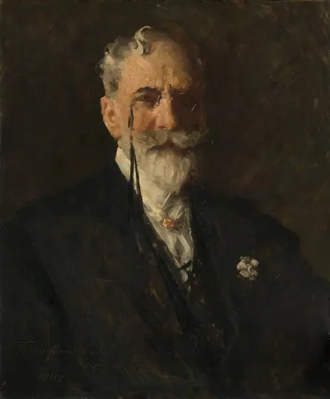 This painting depicts a man from the waist up, facing us. He has light skin with a curled white mustache and pointed beard, and gray, wavy hair.