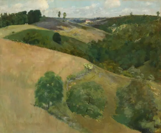 This painting depicts a landscape with rolling green hills viewed from an elevated perspective. Closest to us, the light green hills on the left are covered with yellowish grass.