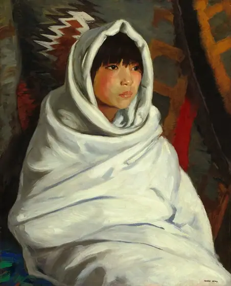 The painting displays the upper torso, head, and shoulders of a person wrapped in a light-colored fabric that covers their body and forms a hood around their head. The person appears to be seated, facing slightly towards the right.