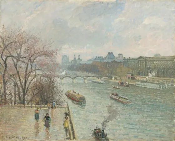 From high up, we look down and out at a river with seven ferries and barges, the waterway lined with buildings on the bank to our right, in this loosely painted, horizontal landscape.