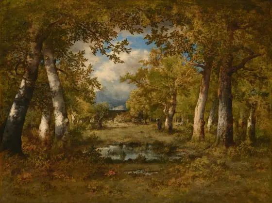 This painting shows a woodland scene with tall trees surrounding a small, still pond. The trees and grassy ground are painted in shades of olive-green, rusty orange, yellow ochre, and dark brown.