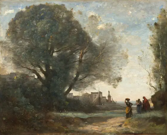 This painting displays an outdoor scene with a large tree to the left and a low horizon with a few buildings and what look like boats floating on blue water on the right.