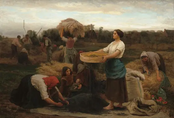 About a dozen women and men, all with pale or suntanned skin, work in a field harvesting grain in this horizontal painting. The women wear long skirts and aprons, and some wear cloths tied around their heads.
