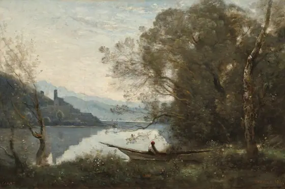 We look across a lush landscape of olive-green forests lining a glimmering, silvery-blue lake with hills in the deep distance under a pale blue sky in this horizontal landscape painting.