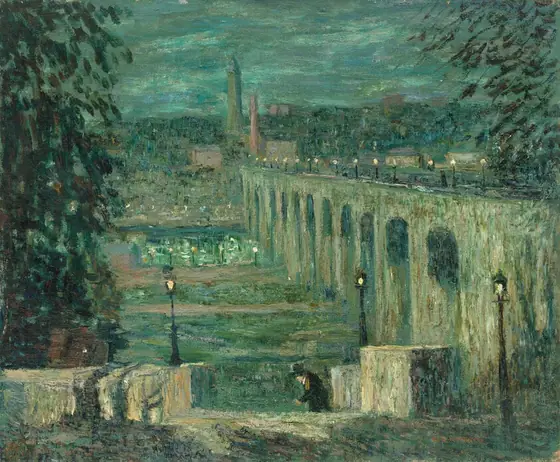 A nearly square landscape with a bridge to our right and a person walking at the lower center is painted loosely in tones of pine, spruce, and sage green with a few touches of yellow, black, and brown.