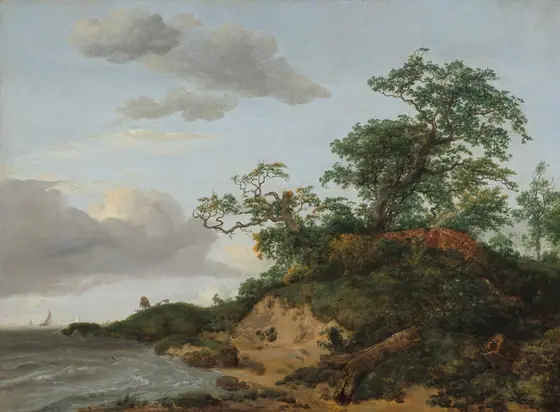Water laps at a curving shoreline in front of a steep sandy dune carpeted in grass, shrubs, and trees in this horizontal landscape painting. The dune takes up the lower right quadrant of the composition.