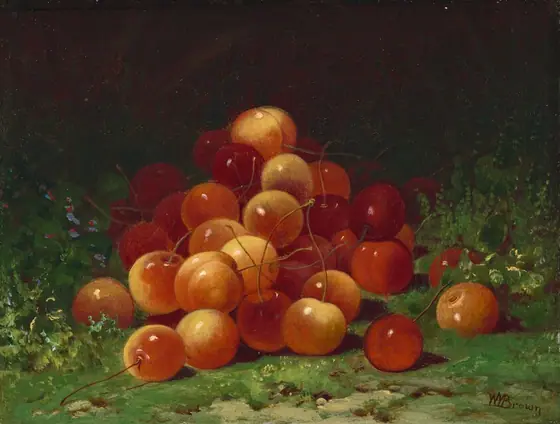 In this painting, a pile of cherries is displayed on a grassy ground. The cherries are in different shades of red, orange, and light yellow, set against a dark green background. Some cherries are scattered in the grass around the pile.