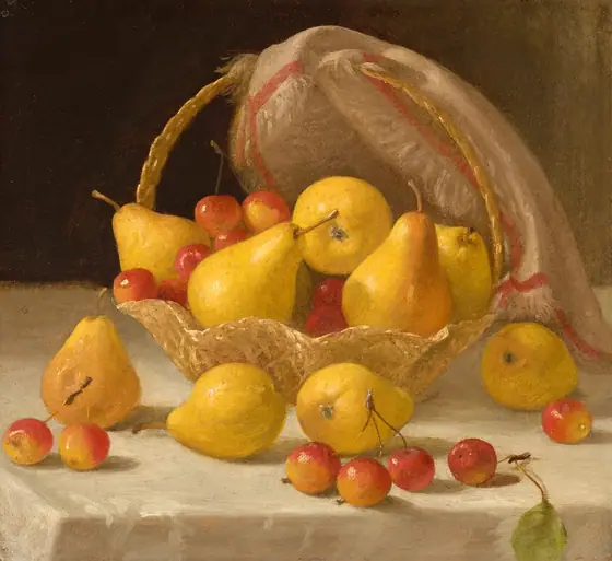 In this painting, a wicker basket is filled with yellow pears and a few red cherries. The basket rests on a table, and more pears and cherries are scattered in front of it, casting shadows on the white tablecloth.