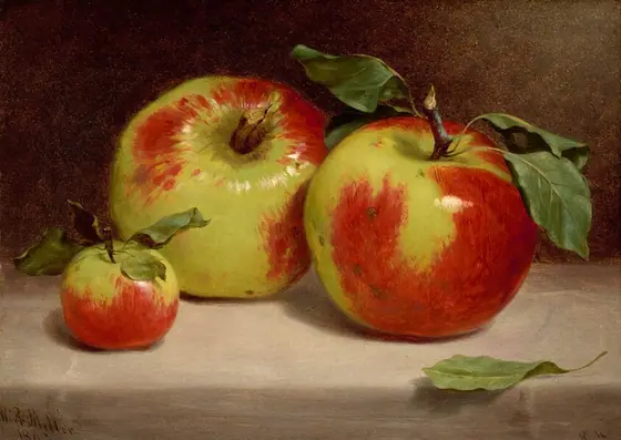 This painting shows three apples on a flat, gray surface. Two of the apples in the center are large, while one to the left is much smaller. The apples are glossy, covered in uneven patches of bright red and light green.