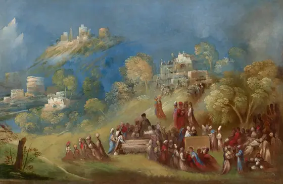 This painting shows a landscape with castle-like structures on a green hill, with a group of people gathering in colorful clothing in the bottom left.