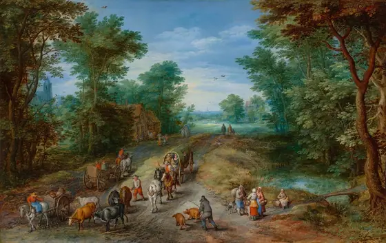 The painting depicts a wide country road seen from above. The horizon is halfway up the painting, showing the flat, green land meeting the blue sky. Far in the distance there are faint blue buildings, including a tall tower.