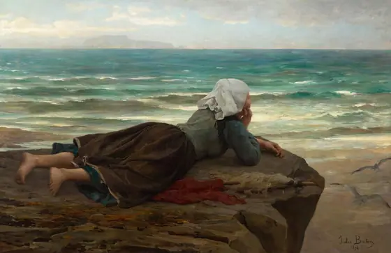 This painting shows a young woman lying on her stomach on a brown, rocky surface near the water's edge, looking towards the sea.