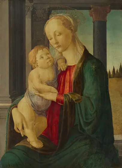 A young, pale-skinned woman with reddish-blond hair sits with a nearly nude, chubby toddler standing in her lap in this vertical painting. She looks down at him, her body and face angled to our left.