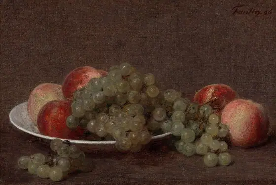 The image shows a still life of round fruits, such as grapes and peaches, placed on a white plate. The color scheme consists of warm browns, muted greens, and deep reds. The fruits have a natural sheen.