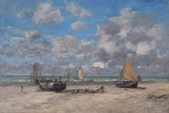 The image features a seascape scene with a beach, ocean, and sailboats. The horizon is high in the image, separating the sea from the sky, where sailboats are present.