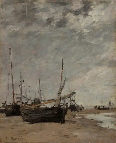 We are eye-level on a beach with half a dozen ships in view, sitting on the ground against a gray sky in this vertical landscape oil painting created with broad, unblended strokes.