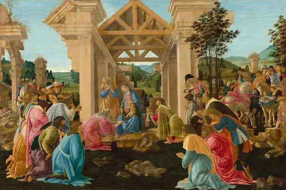 About three dozen people gather in a grassy field to either side of a crumbling structure to kneel and pray before a woman and baby in the center of this horizontal painting.