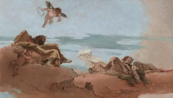 This is a painting of a cherub with small wings hovering in the sky amidst swirling clouds. The sky is a soft blue with streaks of darker blue tones and a section of gray on the right.