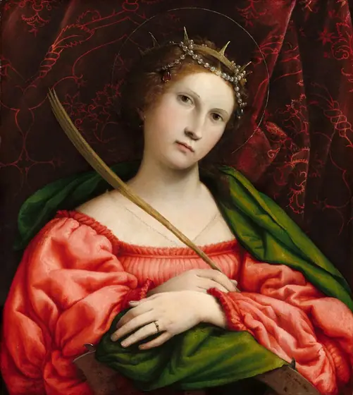 Shown from the waist up and nearly filling the picture, a young woman with pale skin, dressed in a jewel-toned gown and cape, looks out at us in this vertical painting.